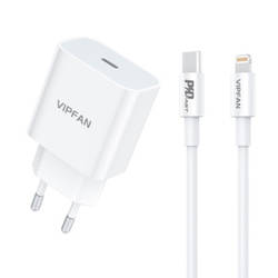 VIPFAN E04 WALL CHARGER, USB-C, 20W, QC 3.0 + LIGHTNING CABLE (WHITE)