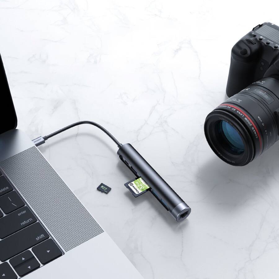 JOYROOM MULTIFUNCTIONAL USB HUB 7IN1 TYPE C / 2 X USB 3.0 / HDMI 4K 30HZ / RJ-45 / SD CARD READER AND MICRO SD 100W 15CM GRAY (S-H111)