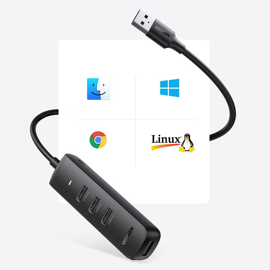 UGREEN 4-IN-1 USB HUB - 4X USB TYPE A 3.0 PD DC 12V 0.25M BLACK (CM416 10915)
