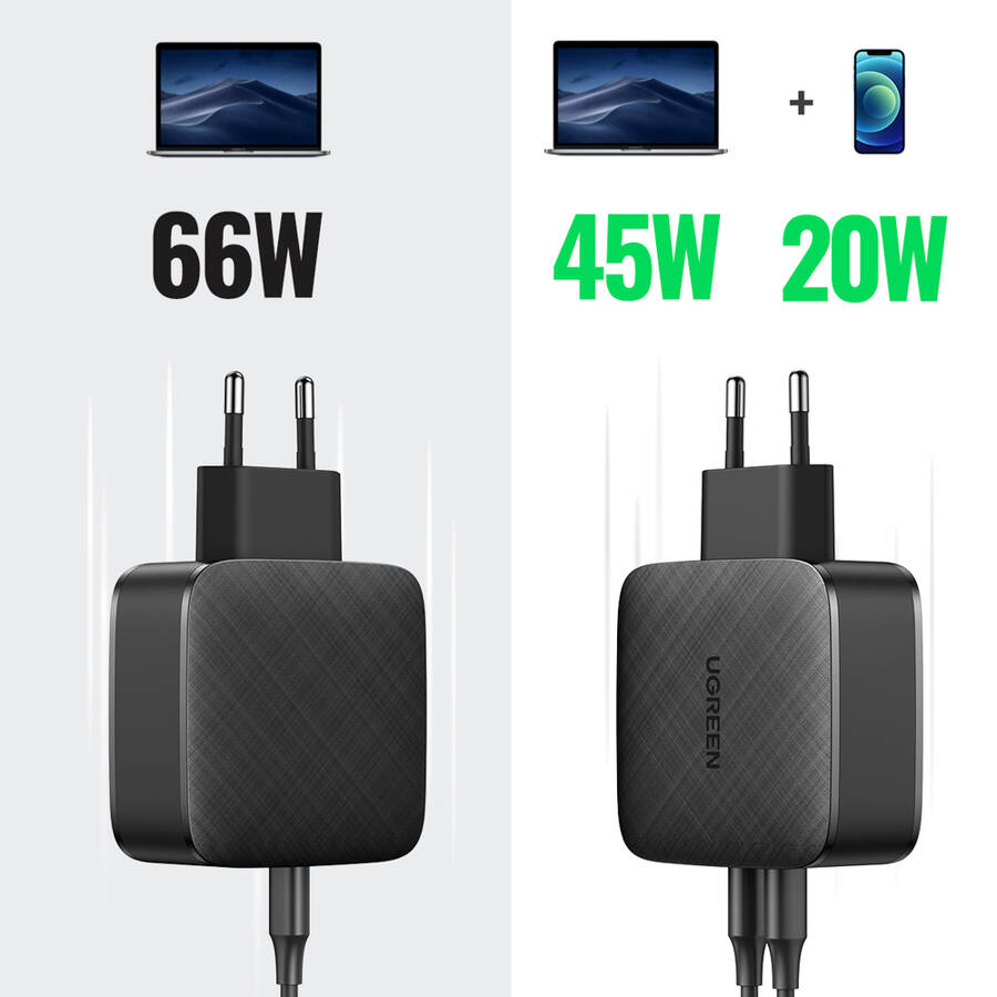 UGREEN CHARGER 2X USB TYPE C 66W POWER DELIVERY 3.0 QUICK CHARGE 4.0+ BLACK (CD216)